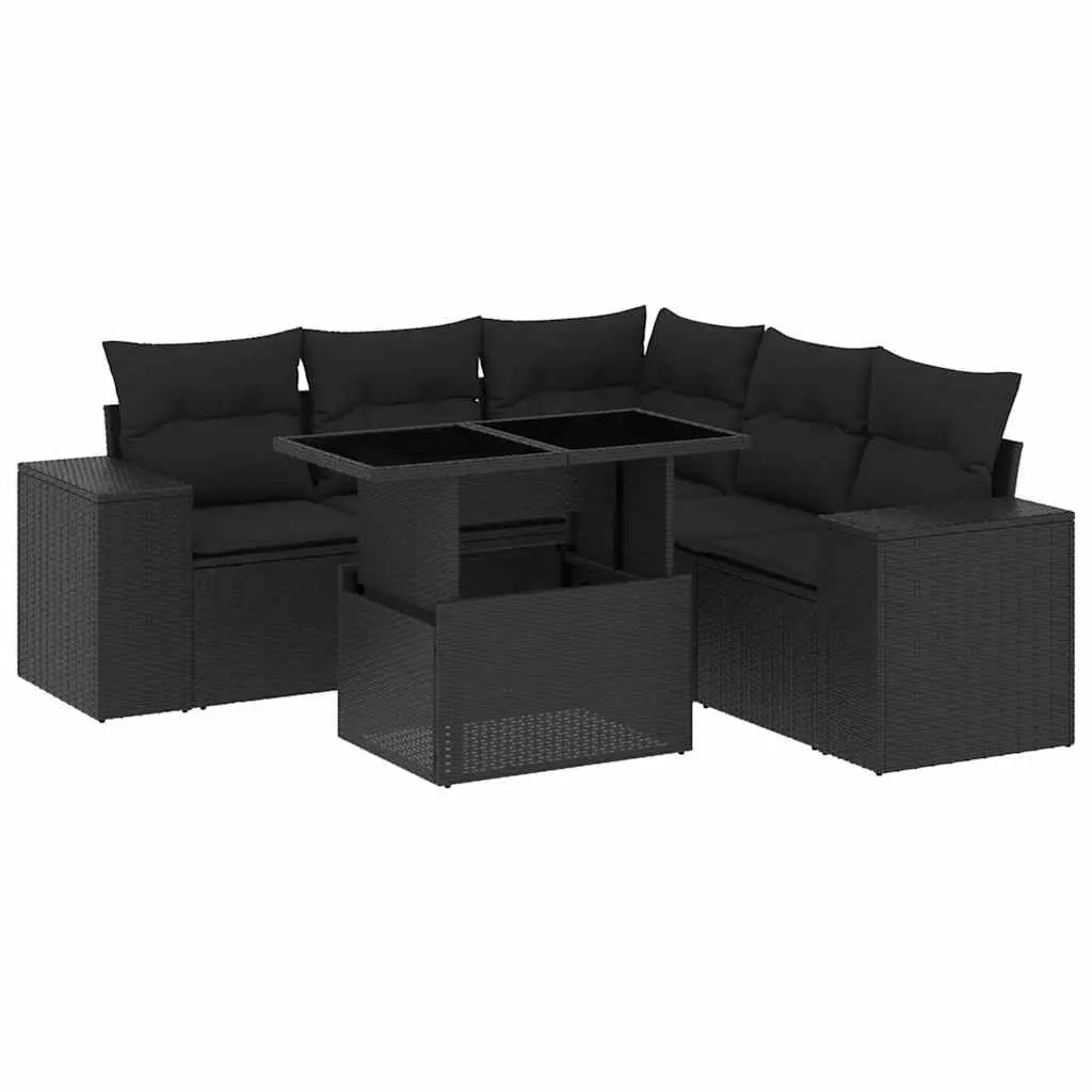 6 Piece Outdoor Furniture Set Black PE Rattan Garden Sofa with Adjustable Table and Thick Cushions