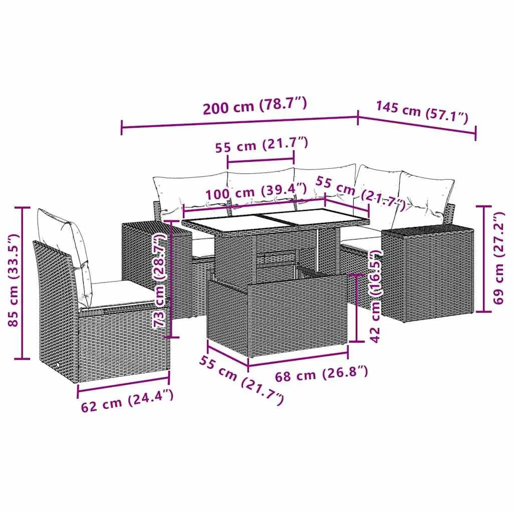 Garden Sofa Set Modular PE Rattan 6 Piece Outdoor Furniture Black