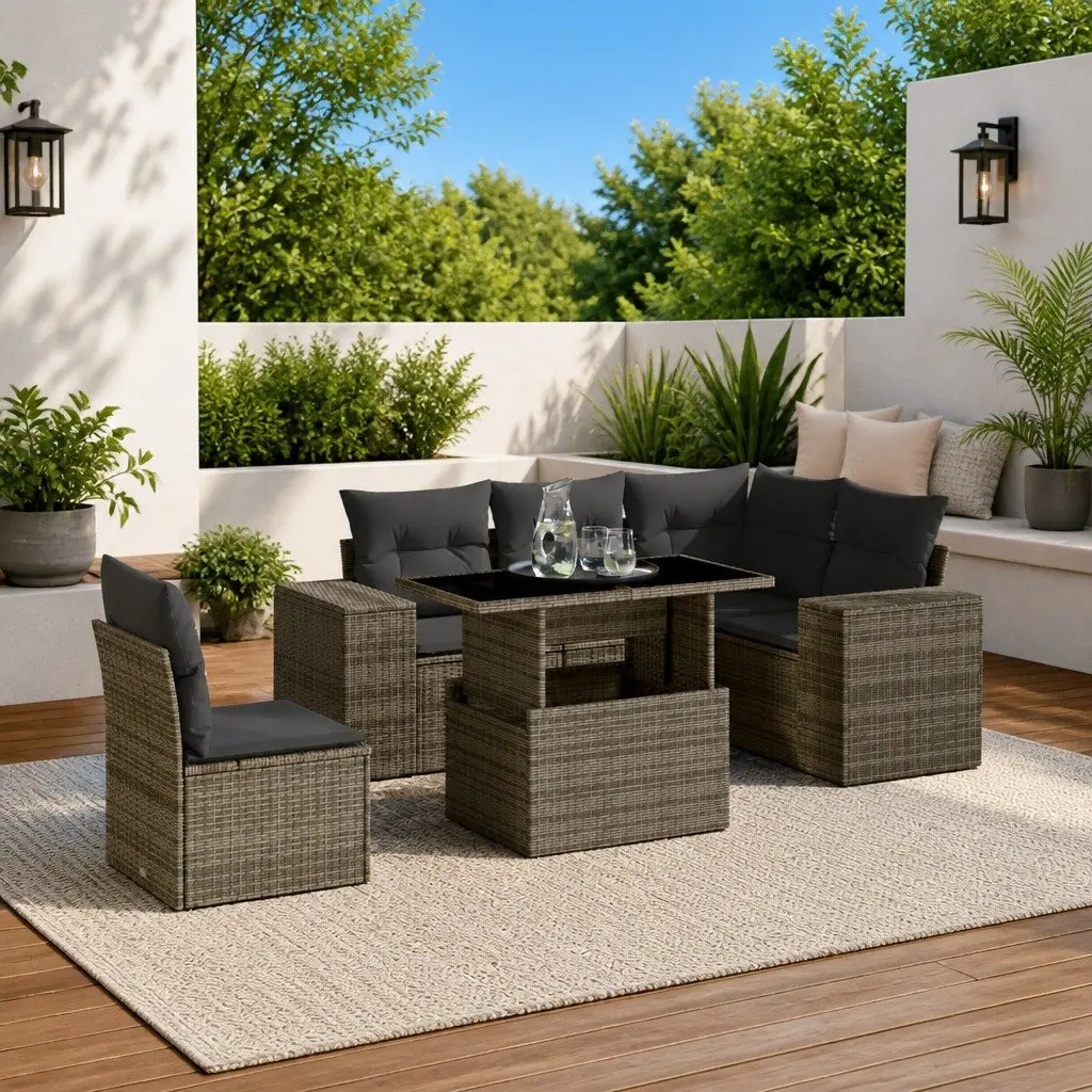 Garden Sofa Set PE Rattan 6 Piece Outdoor Furniture Grey Modular Patio Lounge