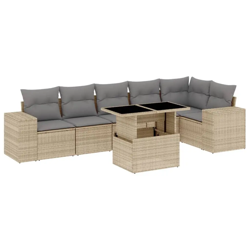 7 Piece Garden Sofa Set with Cushions Beige Poly Rattan Patio Furniture Outdoor