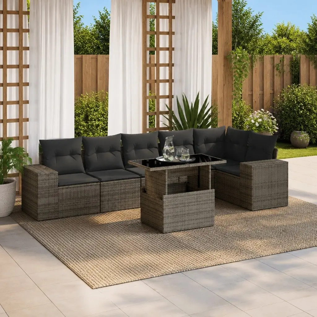 7 Piece Outdoor Garden Sofa Set Grey Poly Rattan with Cushions