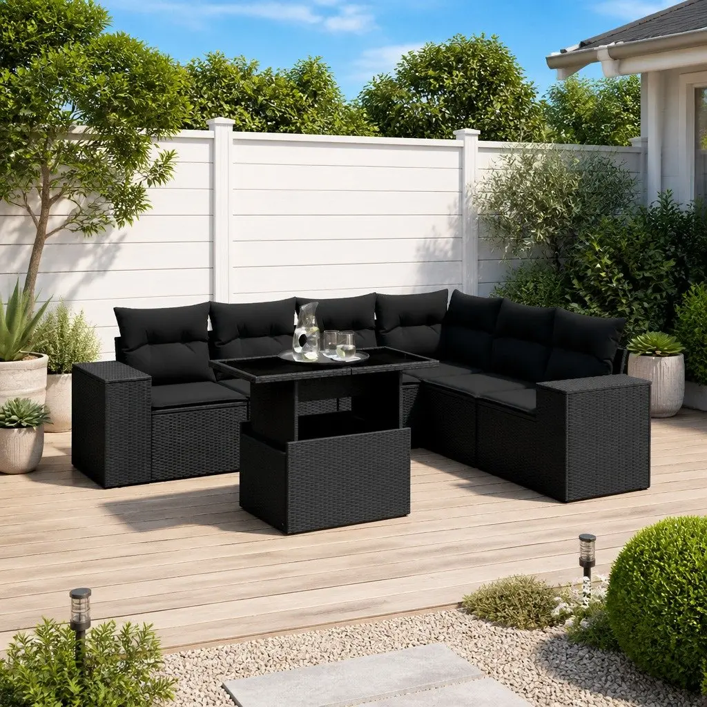 7 Piece Garden Sofa Set PE Rattan Black with Cushions Outdoor Furniture