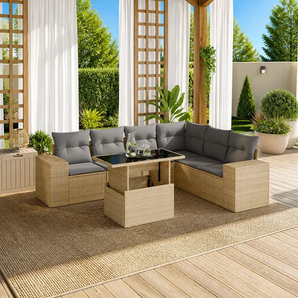 Garden Sofa Set PE Rattan Modular 7 Piece Outdoor Furniture Patio Beige