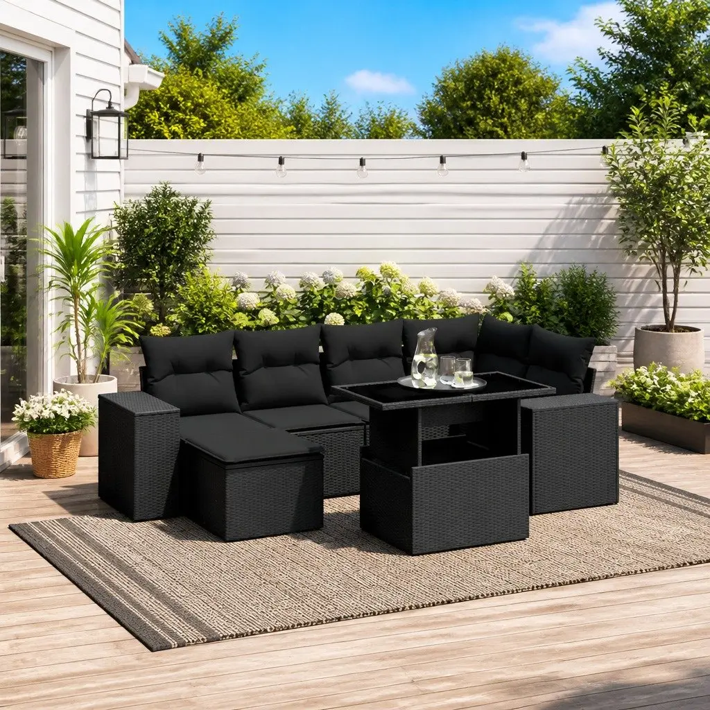 Garden Sofa Set 7 Piece Outdoor Furniture Black Poly Rattan Modular Patio