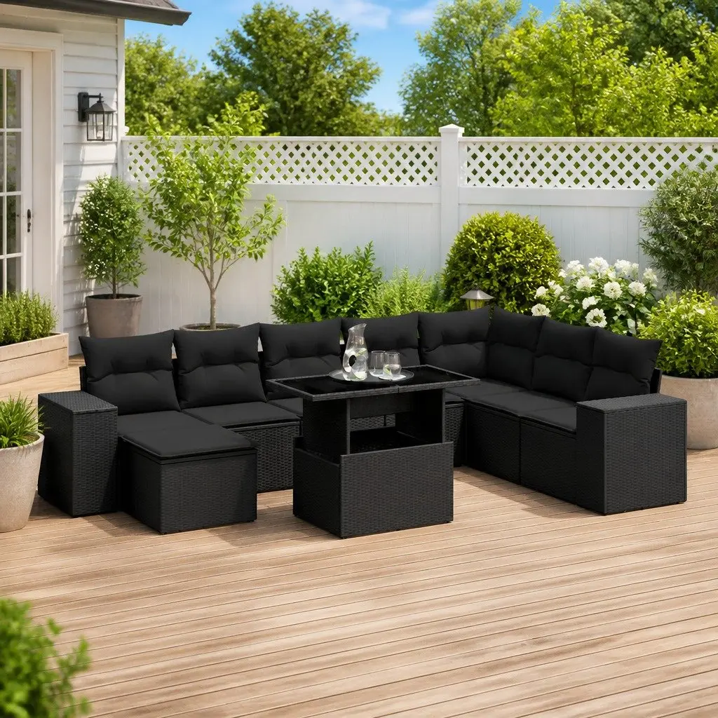 9 Piece Garden Sofa Set Black Poly Rattan Outdoor Furniture Patio Lounge Seating