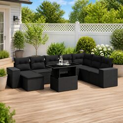 9 Piece Garden Sofa Set Black Poly Rattan Outdoor Furniture Patio Lounge Seating