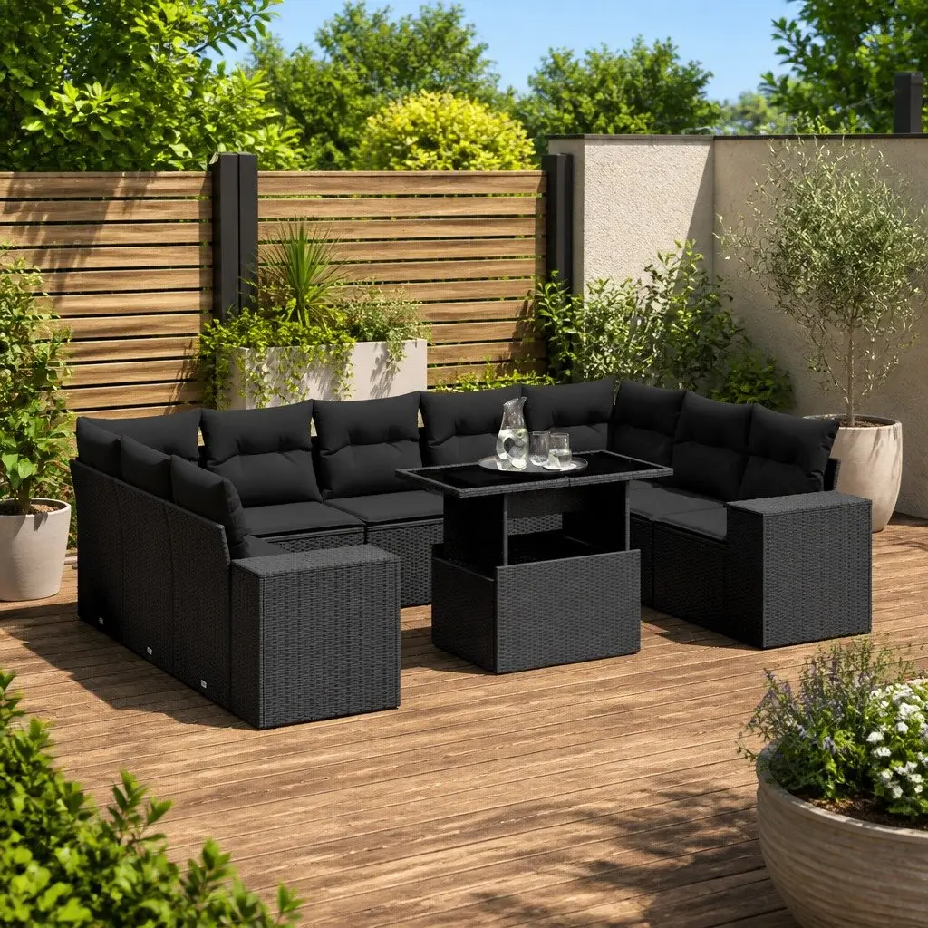 Modular Outdoor Furniture Set Black PE Rattan 10 Piece Garden Sofa Adjustable Table