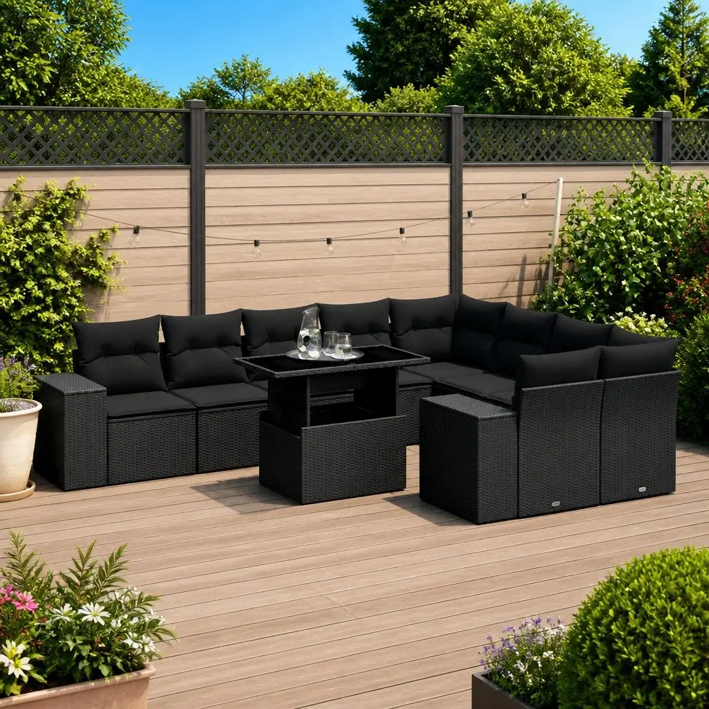 Garden Sofa Set 10 Piece Outdoor Furniture Patio Lounge Black Poly Rattan
