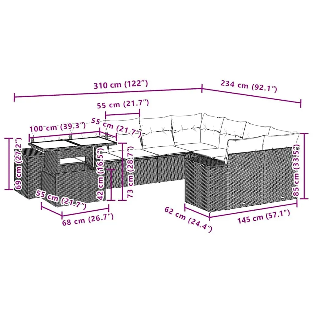 Garden Sofa Set 10 Piece Outdoor Furniture Black Poly Rattan Modular Patio