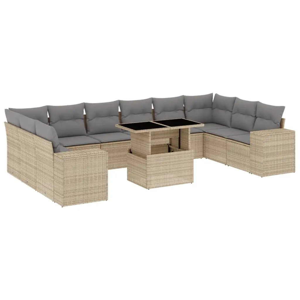 11 Piece Modular Outdoor Sofa Set Beige Rattan with Cushions Adjustable Tabletop