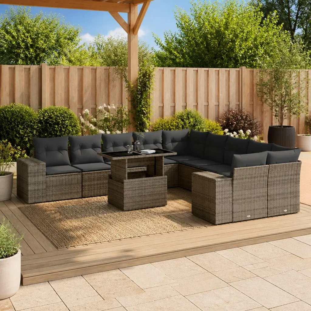 Outdoor Furniture Set 11 Piece Grey Poly Rattan Sofa with Cushions and Adjustable Table for Patio and Garden