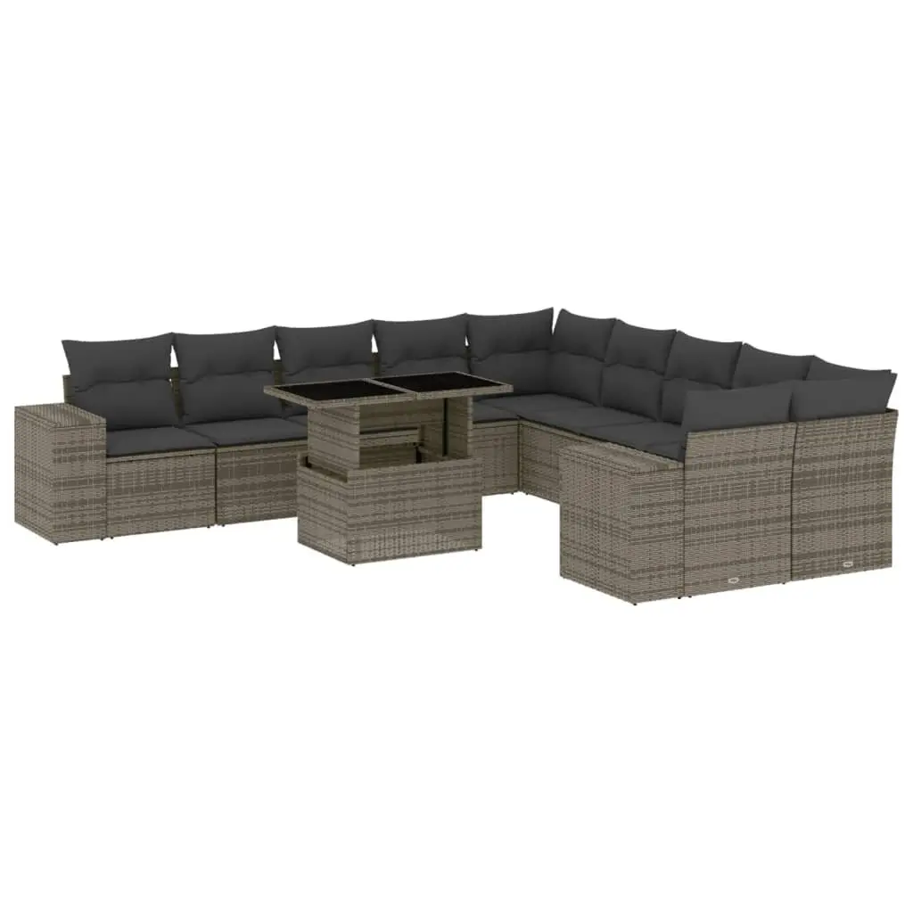 Outdoor Furniture Set 11 Piece Grey Poly Rattan Sofa with Cushions and Adjustable Table for Patio and Garden