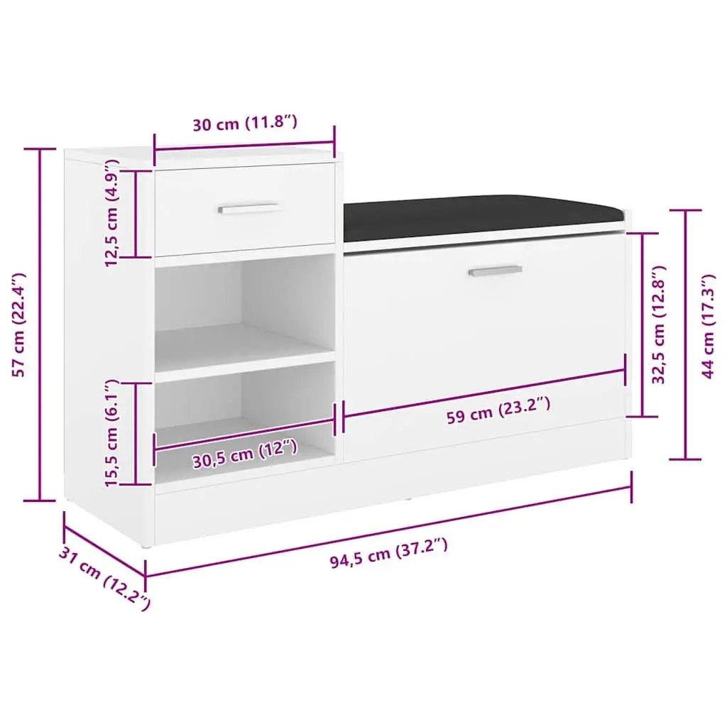 Shoe Storage Bench Engineered Wood 94.5 x 31 x 57 cm White