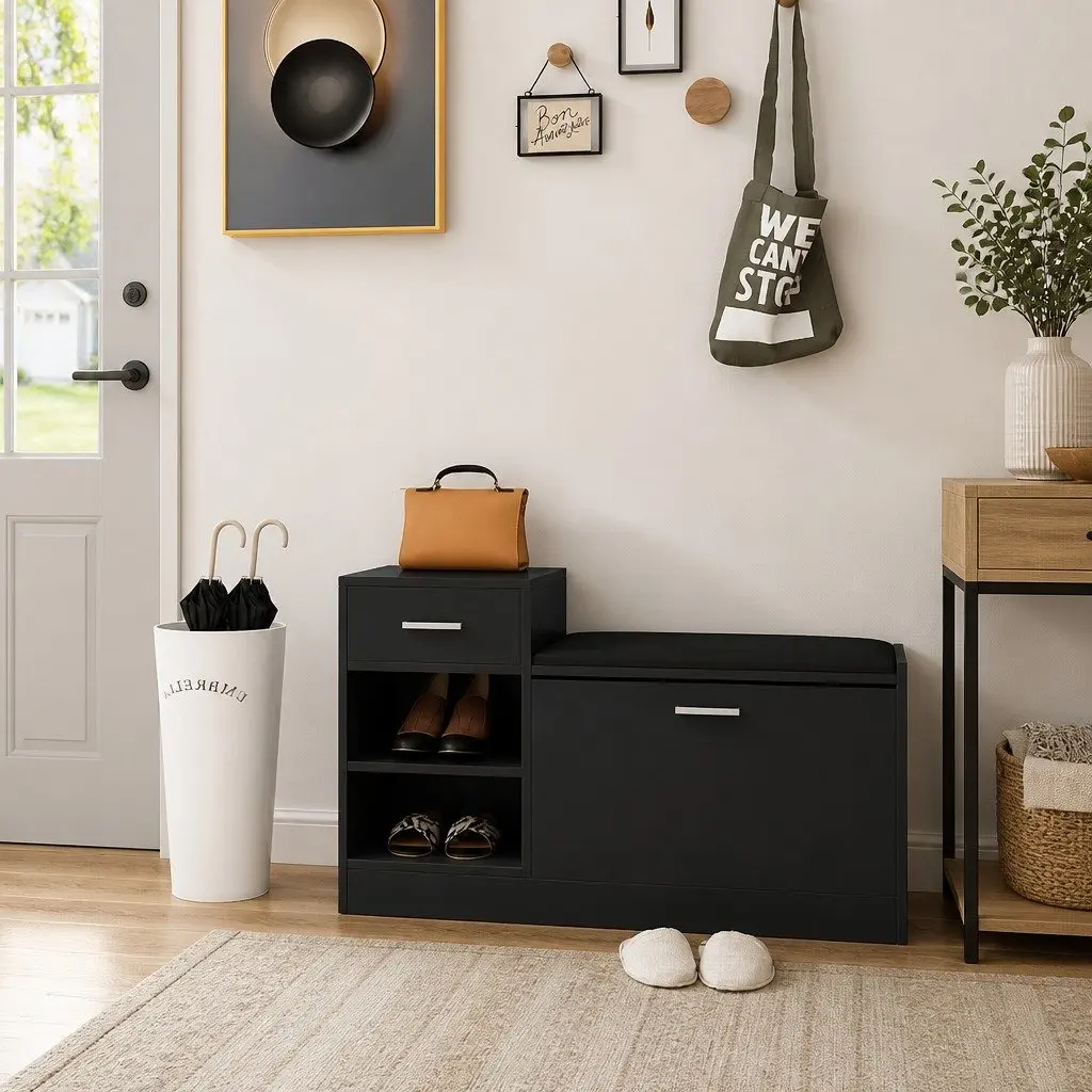 Shoe Bench Storage Organiser Engineered Wood 94.5 x 31 x 57 cm Black