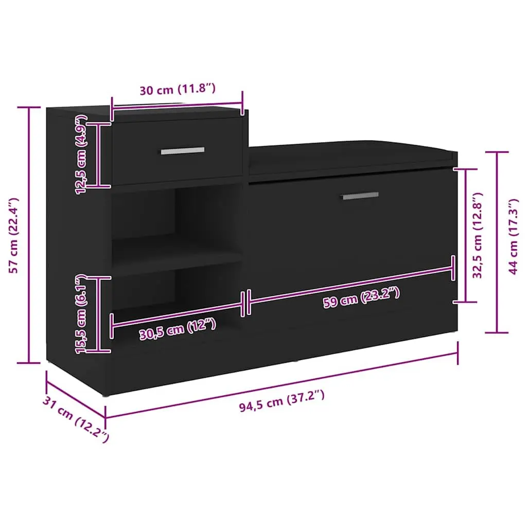 Shoe Bench Storage Organiser Engineered Wood 94.5 x 31 x 57 cm Black
