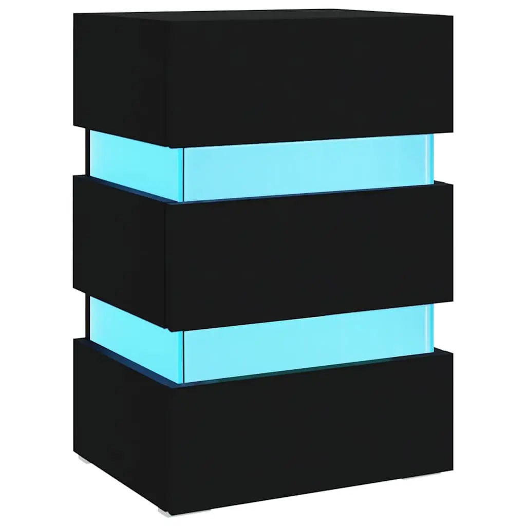 Black Bedside Cabinet Engineered Wood 45x35x67cm Nightstand with Integrated LED Light and Storage