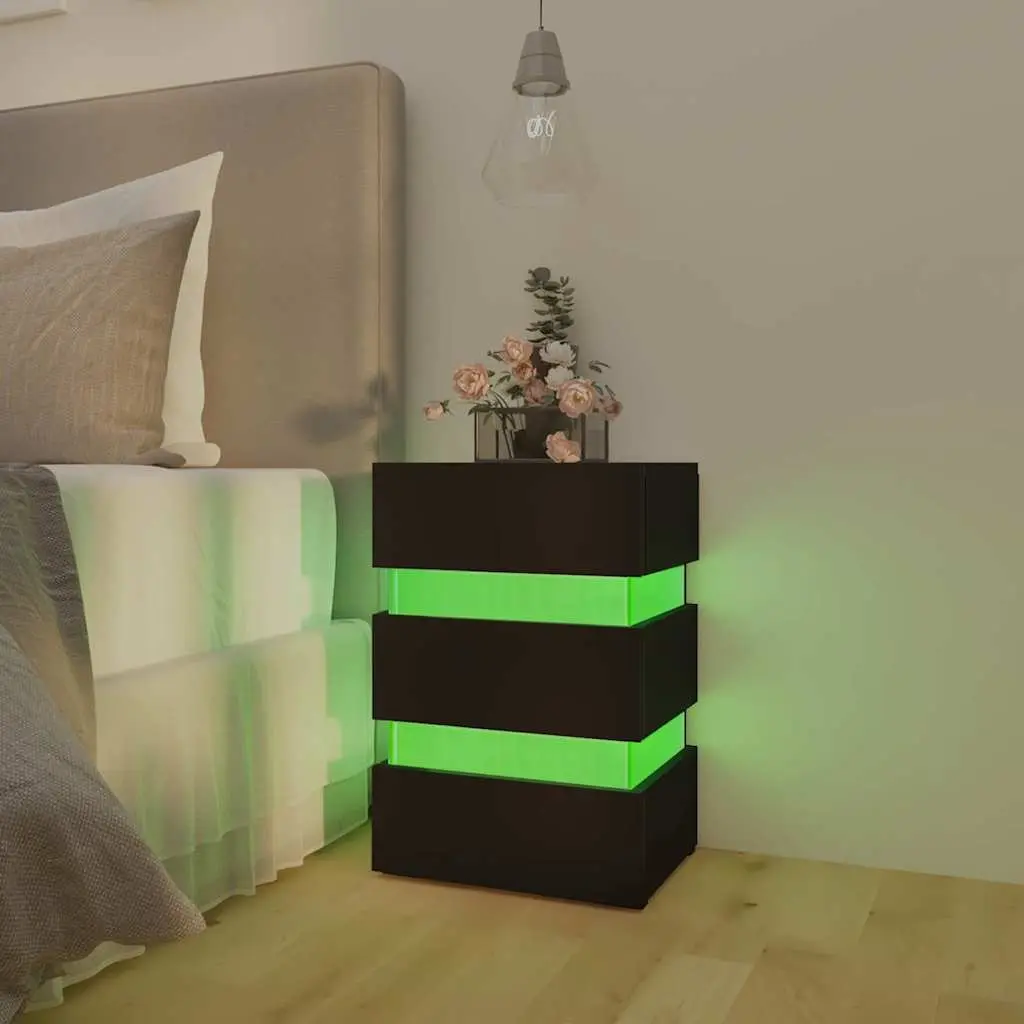 Black Bedside Cabinet Engineered Wood 45x35x67cm Nightstand with Integrated LED Light and Storage
