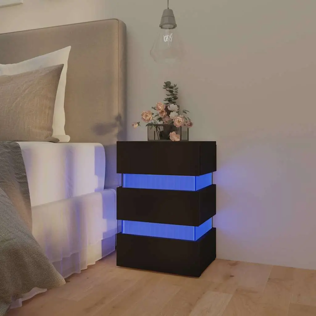 Black Bedside Cabinet Engineered Wood 45x35x67cm Nightstand with Integrated LED Light and Storage