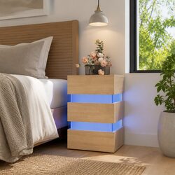 Bedside Table with LED Light Storage Cabinet Nightstand Engineered Wood Brown