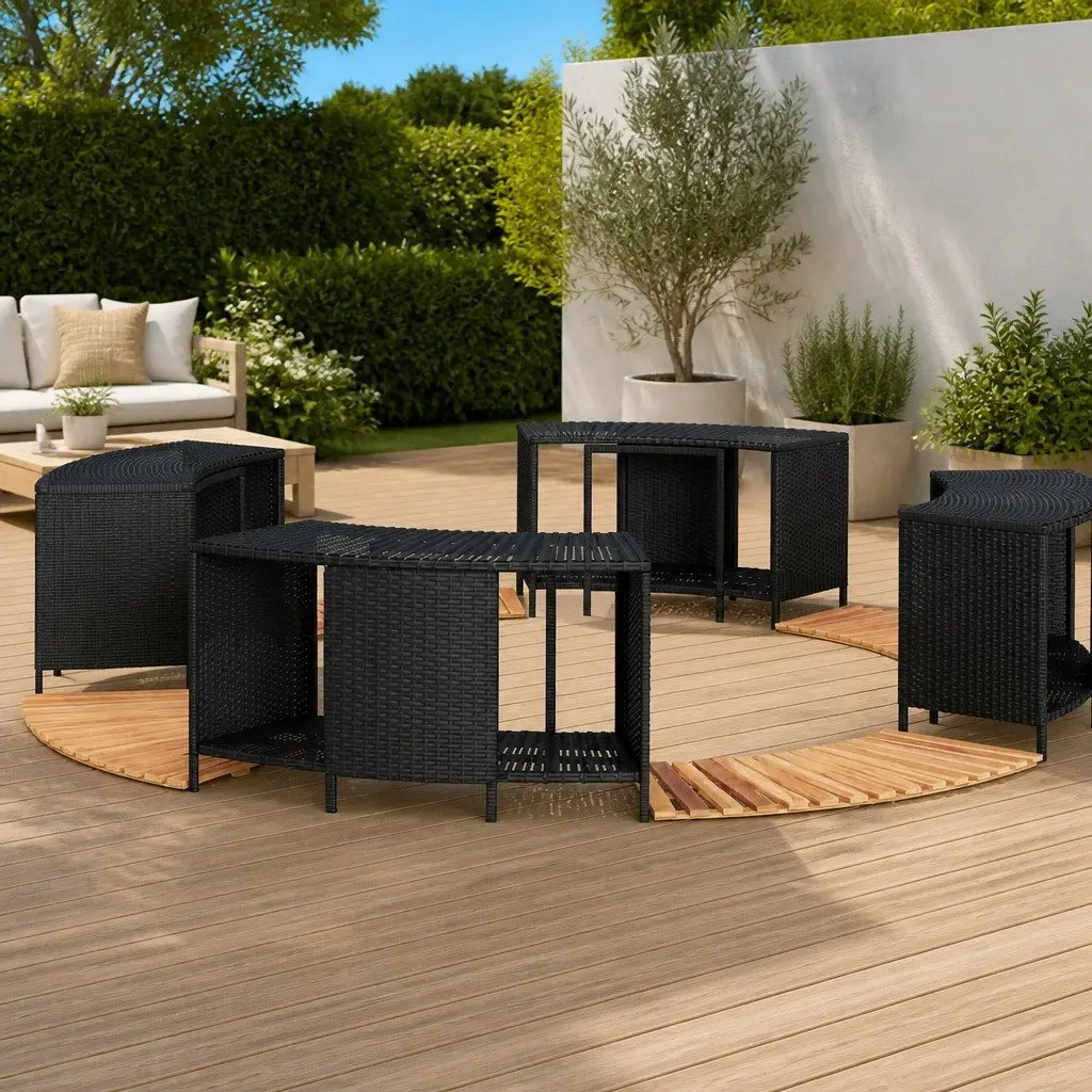 Hot Tub Surround with Storage Step Black Poly Rattan Acacia Wood Outdoor Spa
