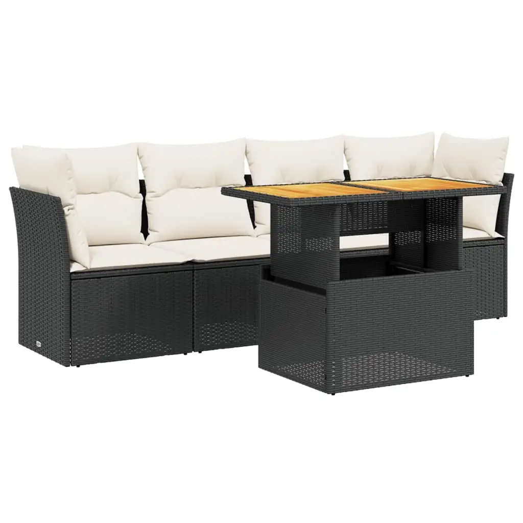 5 Piece Garden Sofa Set PE Rattan Cushions Black