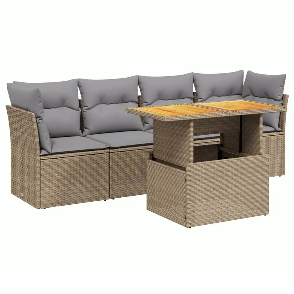 Outdoor Garden Sofa Set 5 Piece Beige Poly Rattan Patio Furniture with Cushions