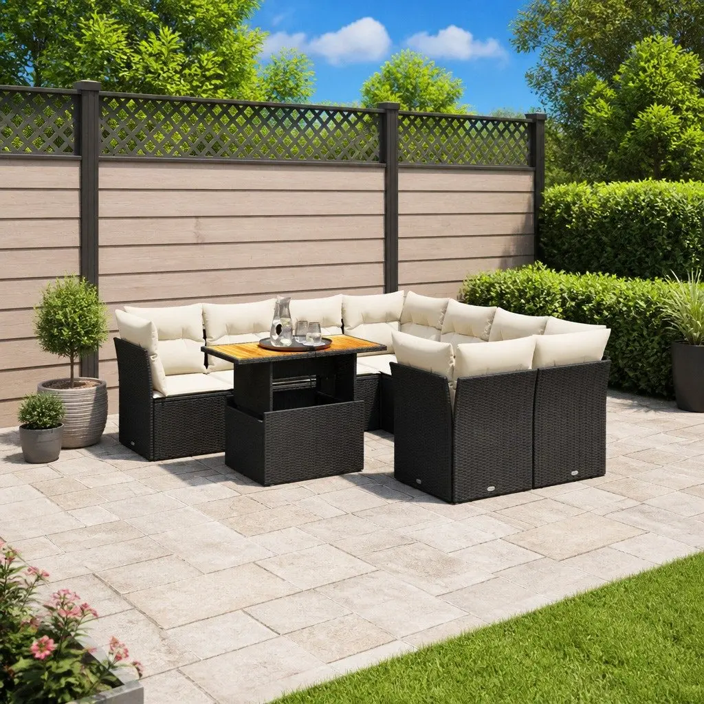 Garden Sofa Set 9 Piece Outdoor Furniture Black Poly Rattan Patio Lounge Suite