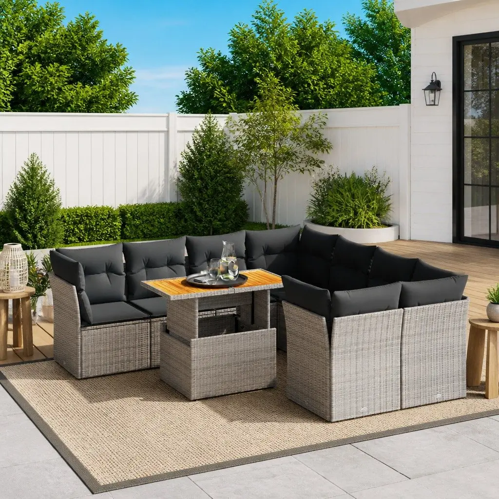 9 Piece Modular Garden Sofa Set Grey Poly Rattan Outdoor Lounge with Adjustable Height Table and Soft Cushions