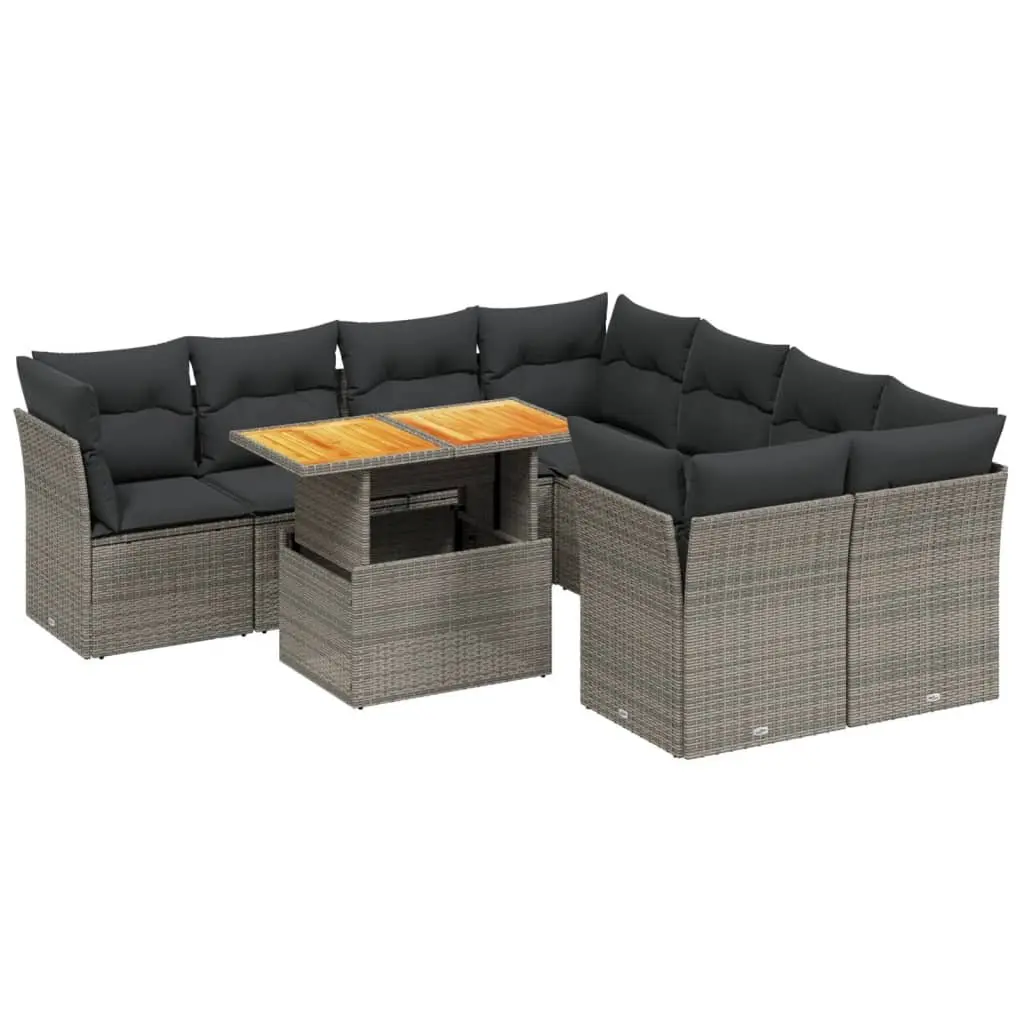 9 Piece Modular Garden Sofa Set Grey Poly Rattan Outdoor Lounge with Adjustable Height Table and Soft Cushions