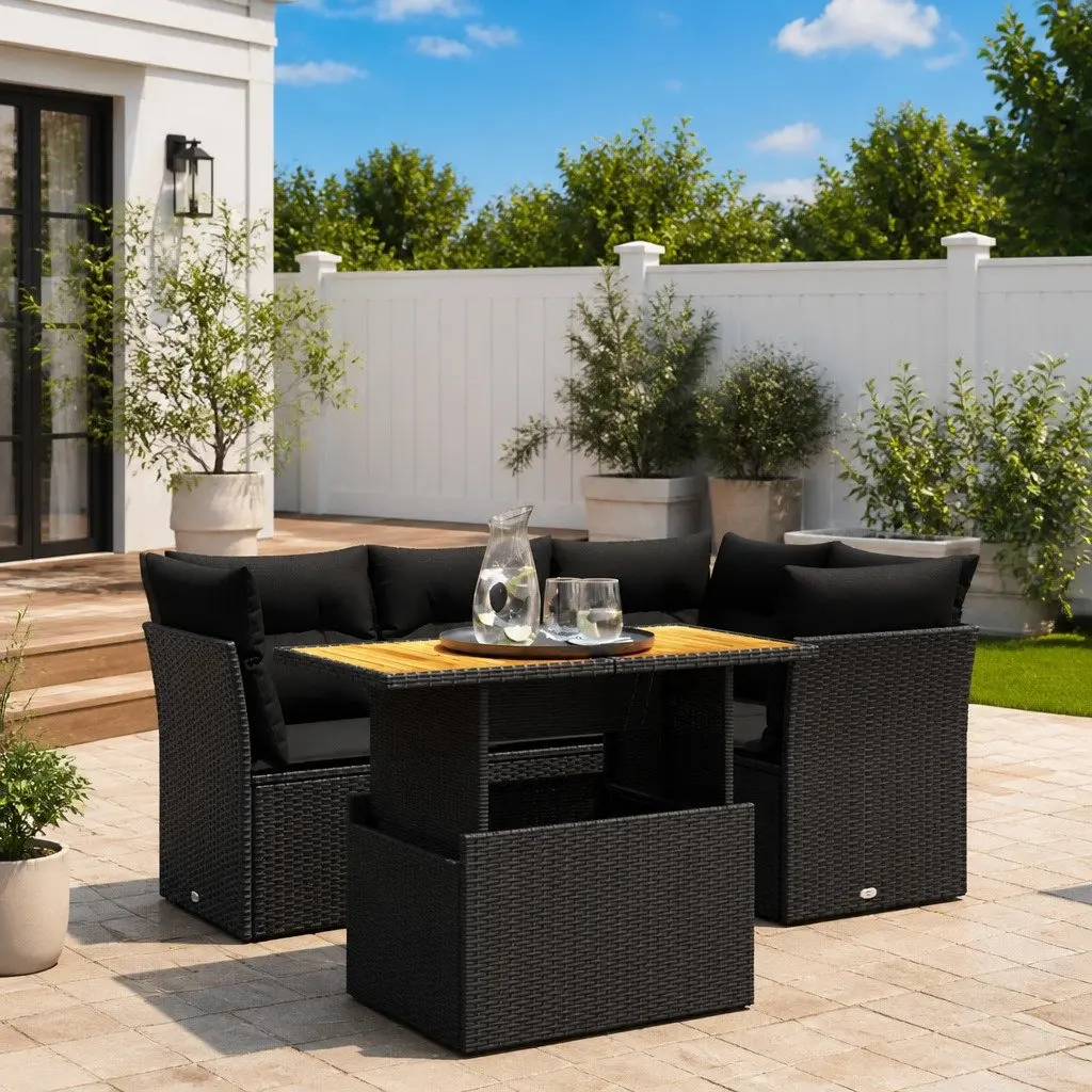 Garden Sofa Set 5 Piece Outdoor Furniture Black Poly Rattan with Cushions Patio
