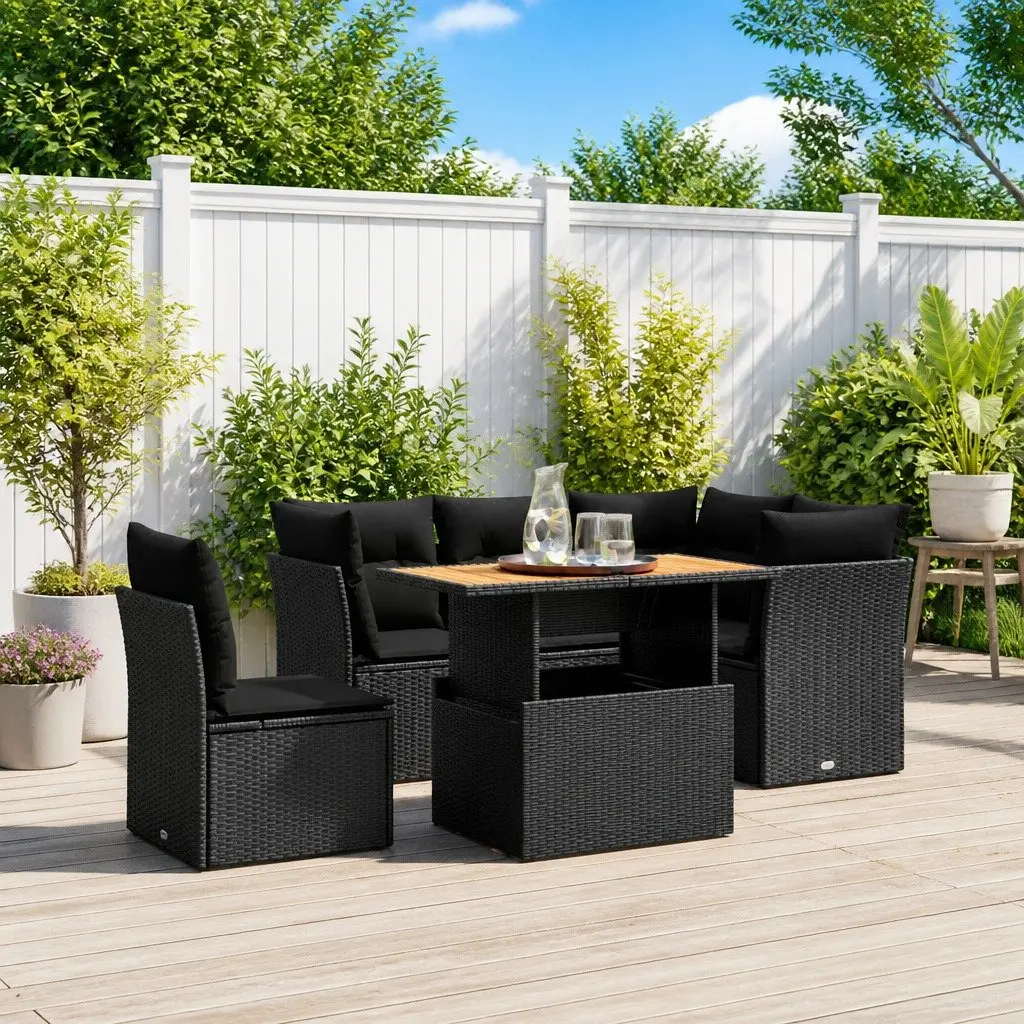 5 Piece Garden Sofa Set PE Rattan Modular Outdoor Furniture Black Cushions