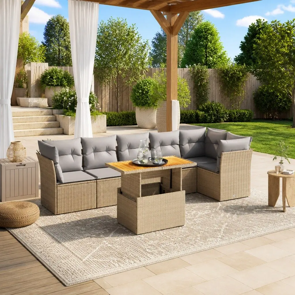 7 Piece Outdoor Furniture Sofa Set Modular Beige PE Rattan Patio Lounge with Adjustable Table and Thick Cushions