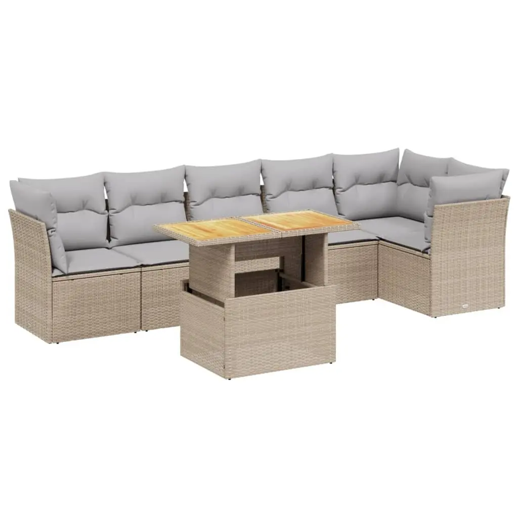 7 Piece Outdoor Furniture Sofa Set Modular Beige PE Rattan Patio Lounge with Adjustable Table and Thick Cushions