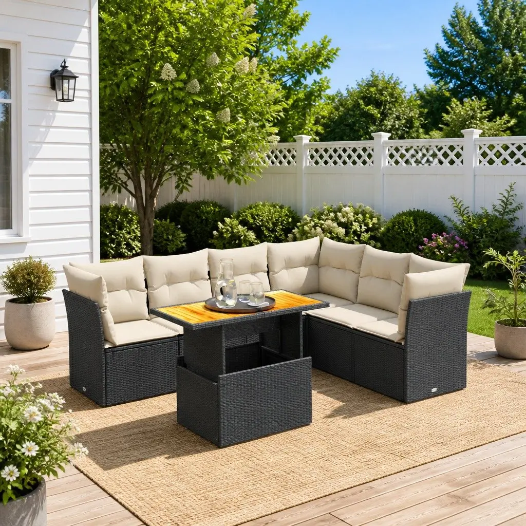 7 Piece Garden Sofa Set PE Rattan Modular Outdoor Patio Furniture Black with Cushions