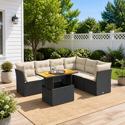 7 Piece Garden Sofa Set Outdoor Patio Furniture Black Poly Rattan with Cushions