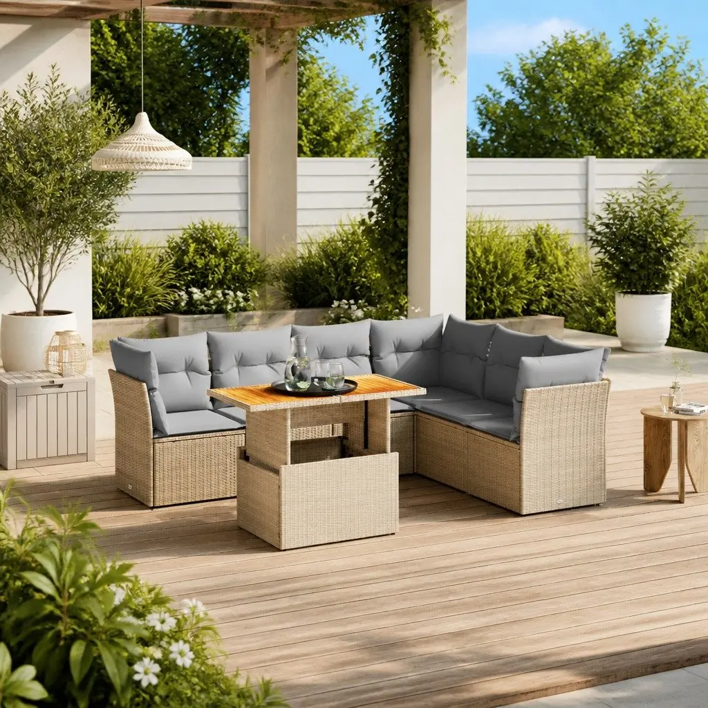 Garden Sofa Set PE Rattan 7 Piece Outdoor Furniture Beige