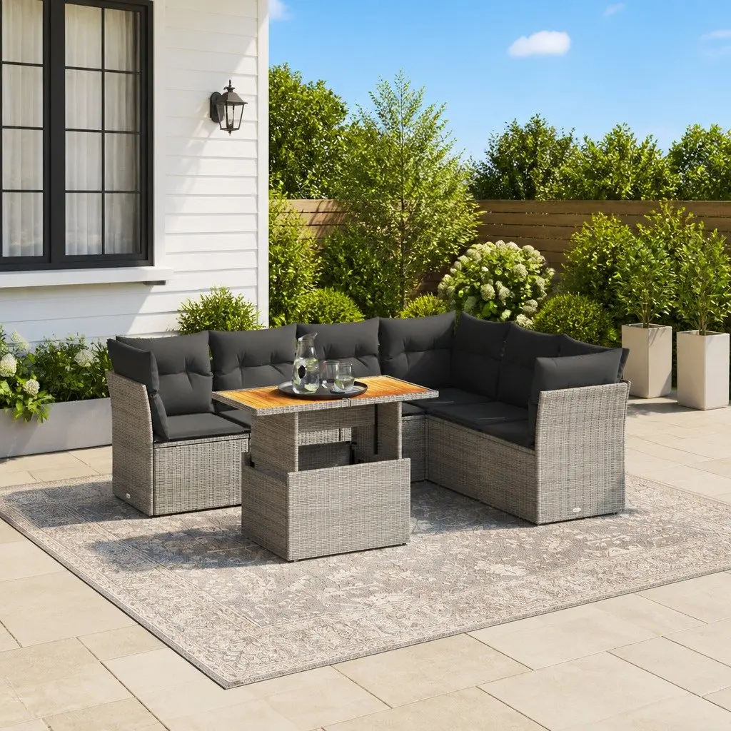 7 Piece Modular Outdoor Furniture Set Grey PE Rattan Patio Sofa with Cushions and Adjustable Height Table