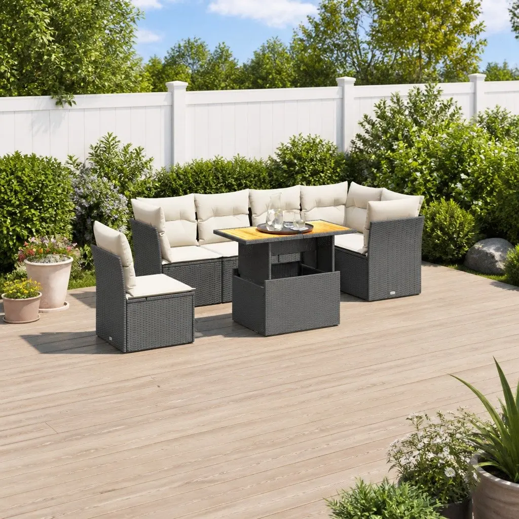 7 Piece Outdoor Patio Furniture Black PE Rattan Garden Sofa Set with Cushions