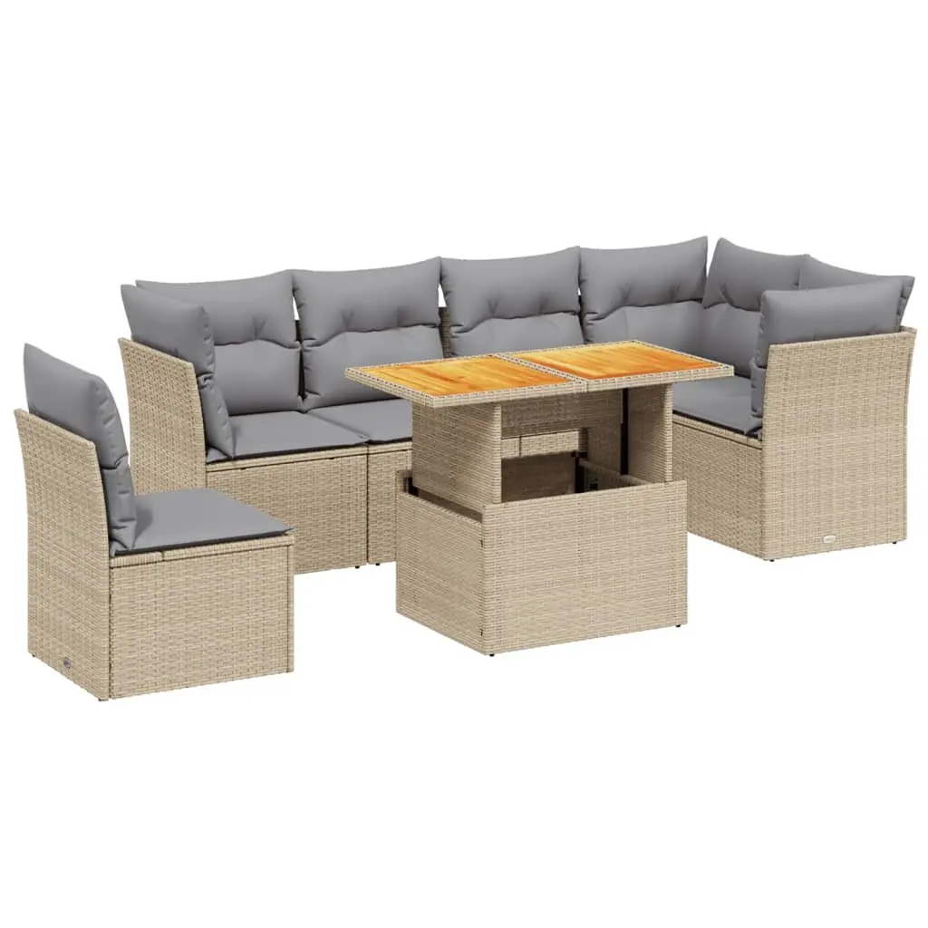 7 Piece Garden Sofa Set PE Rattan Modular Adjustable Table Beige with Cushions