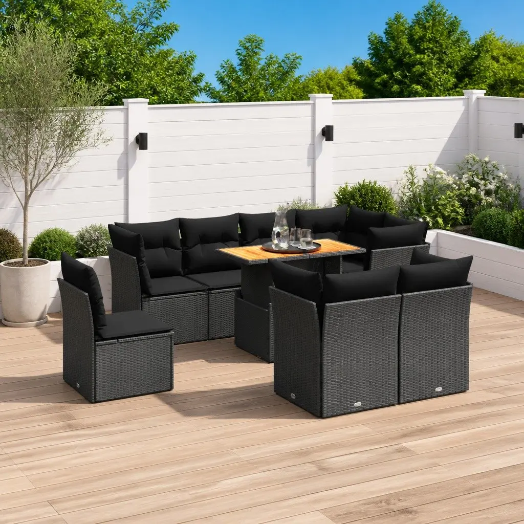 Garden Sofa Set PE Rattan 9 Piece Modular Outdoor Furniture Black with Cushions