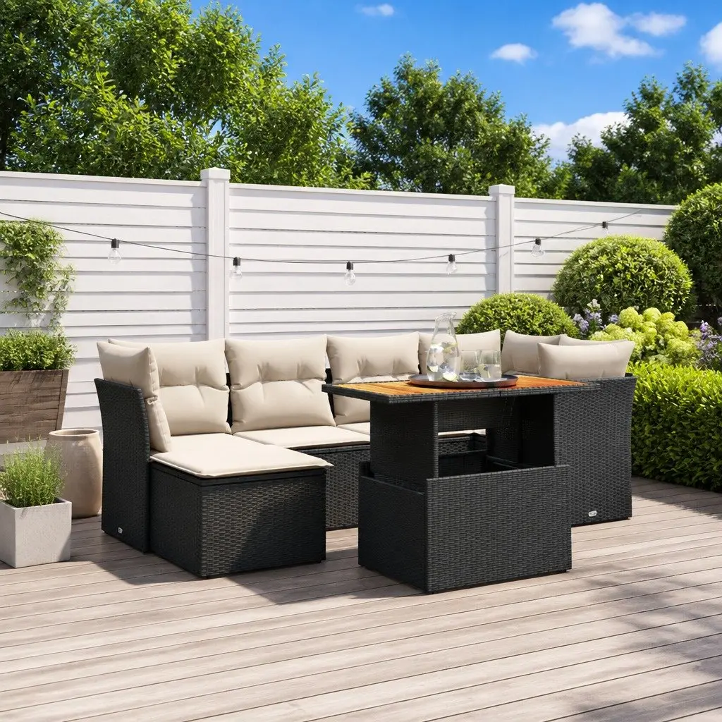 7 Piece Outdoor Furniture Set Black PE Rattan Sofa with Cushions Adjustable Tabletop for Patio Garden