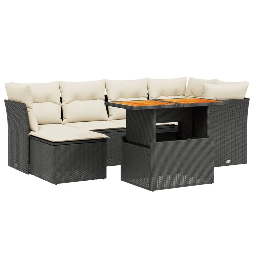 7 Piece Outdoor Furniture Set Black PE Rattan Sofa with Cushions Adjustable Tabletop for Patio Garden