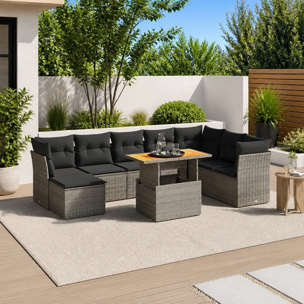Garden Sofa Set Modular PE Rattan 9 Piece Outdoor Furniture Grey with Cushions