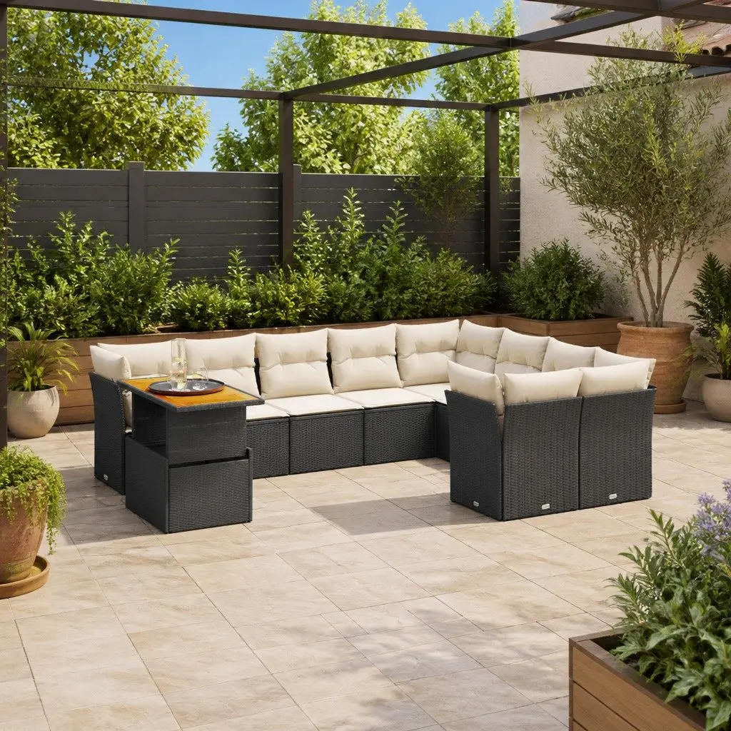 10 Piece Modular Garden Furniture Set Black PE Rattan with Cushions