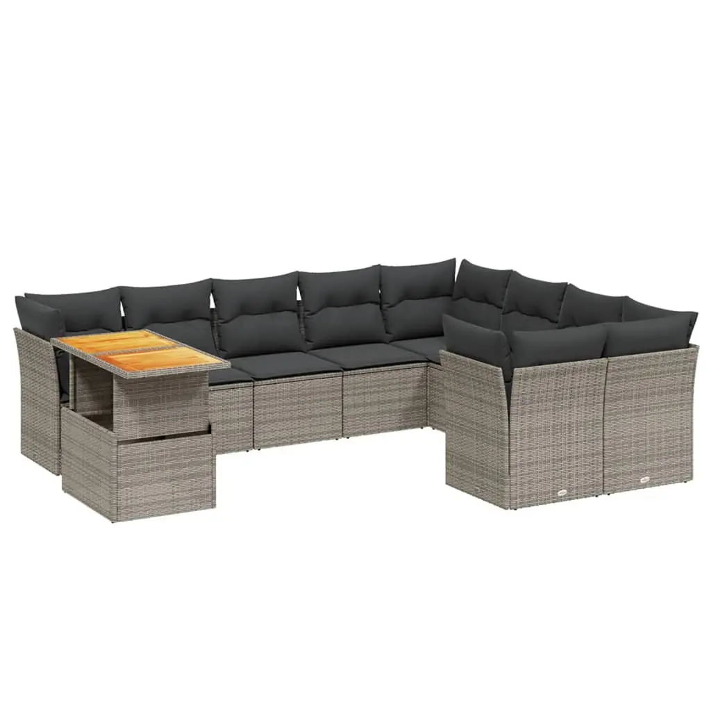 10 Piece Modular Patio Lounge Set Grey PE Rattan Outdoor Sofa with Adjustable Table and Cushions