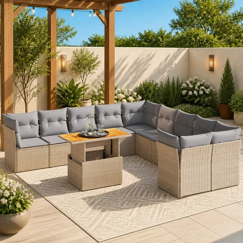 Garden Sofa Set 11 Piece Outdoor Furniture Beige Poly Rattan with Cushions Patio