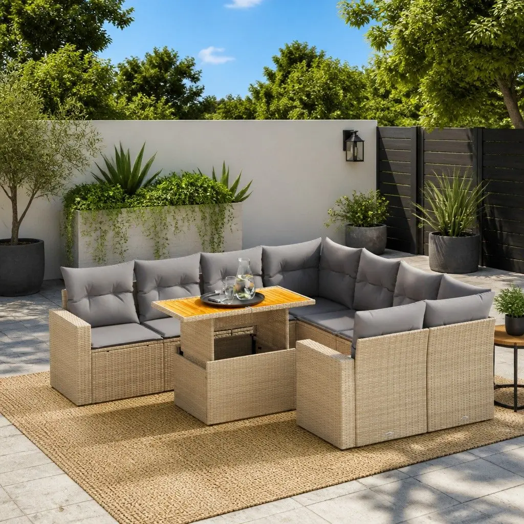 Garden Sofa Set 9 Piece Outdoor Furniture Patio Lounge Beige Poly Rattan Modular