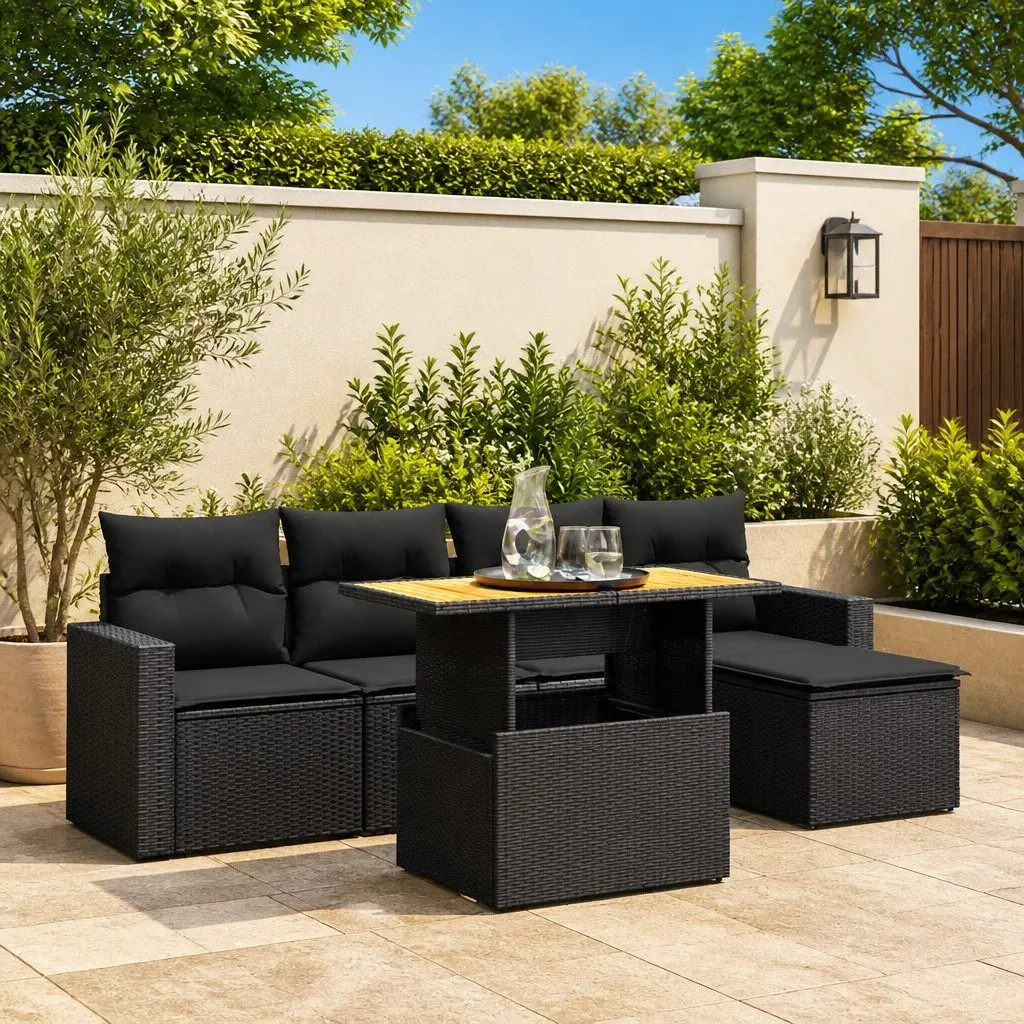 Garden Sofa Set PE Rattan 6 Piece Outdoor Furniture Modular Black