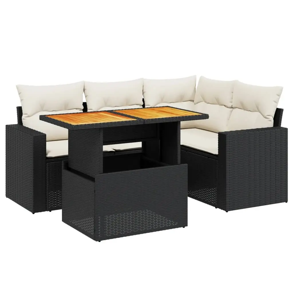 5 Piece Outdoor Furniture Set Black Poly Rattan Garden Sofa with Adjustable Table and Thick Cushions