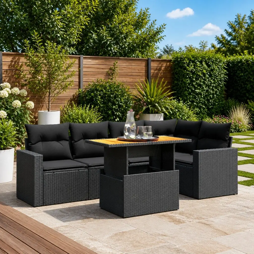6 Piece Modular Outdoor Sofa Set Black PE Rattan with Adjustable Table and Thick Cushions